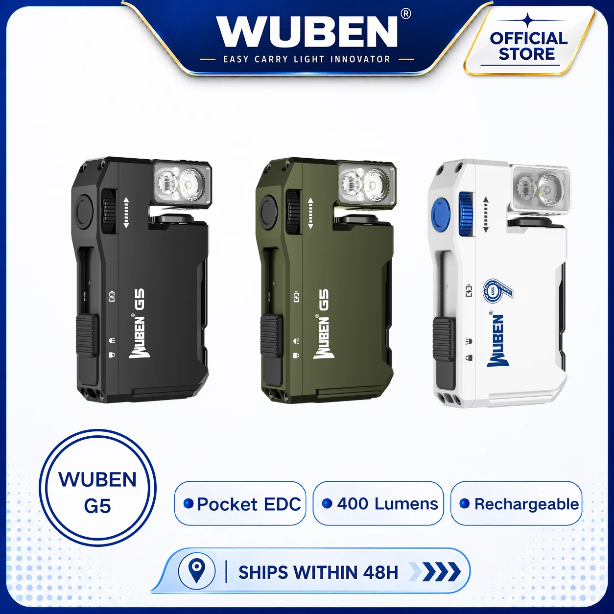 WUBEN G5 Rechargeable EDC Flashlight, 400 Lumens Dual Light Sources Mini Flashlight with RGB Light, Portable Pocket Flashlights