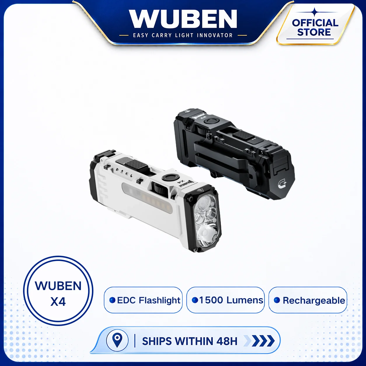 WUBEN X4 EDC Flat Flashlight with RGB Light, 1500 Lumens Mini Flashlight with Tactical Switch and Magnetic, IP68 Portable Pocket