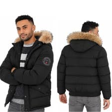 Brave Soul Mens Fur Hood Jacket Black Padded Winter Coat Zip Buttoned UK S-XL
