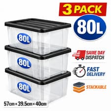 3 x 80L Clear Plastic Storage Boxes with Black Lids Stackable Boxes Home Office