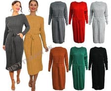 Womens Tie Up Midi Dress Ladies Cable Knitted Jumper Pocket Long Sleeve Party UK