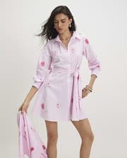 River Island Womens Shirt Dress Pink Cotton Smiley Embroidered Long Sleeve