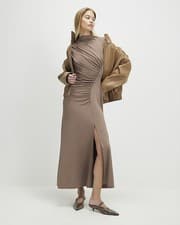 River Island Womens Maxi Dress Beige Short Sleeve High Neck Gathered Drape