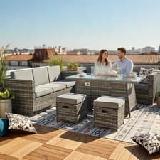 8-Seater Rattan Furniture Set with Fire Pit Table and Side Table & Stool Grey