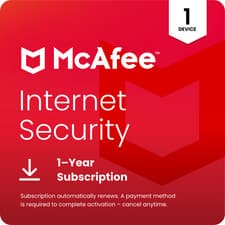 McAfee Internet Security Antivirus 2026, 1 Device 1 Year Auto-Renewal