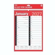 2027 A3 Easy View Calendar 2 Column Month To View Spiral Bound Wall Planner