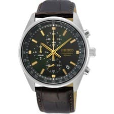 Seiko Essentials Mens Quartz Watch SSB385P1 Chronograph Green Dial Leather 100M