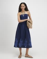 River Island Womens Midi Dress Bandeau Navy Cotton Embroidered Sleeveless