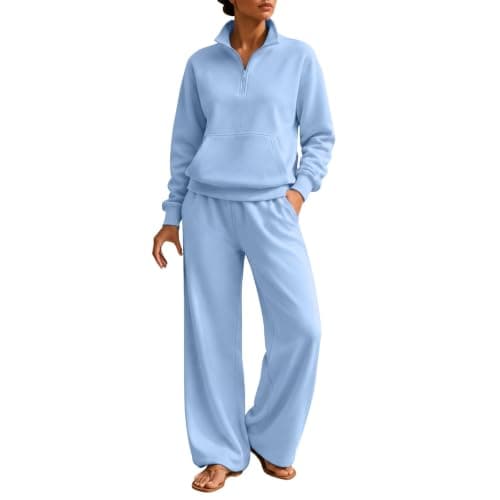 Womens Half Zip Loungewear Set, 2 Piece Outfit Hoodie & Wide Leg Trousers