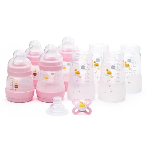 MAM Anti-Colic Bottle and Dummy Set, 10 Pieces, Pink (Designs Vary)