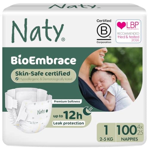 Naty BioEmbrace Newborn Nappies, Sensitive Skin, Size 1 (2–5kg), 100 Count