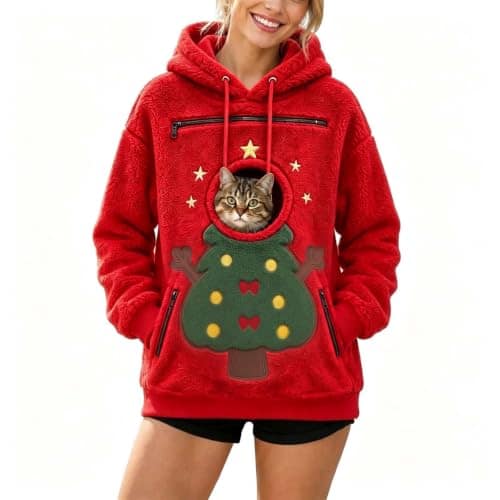 Women's Christmas Pet Pouch Hoodie, Double-Sided Fleece Sweatshirt