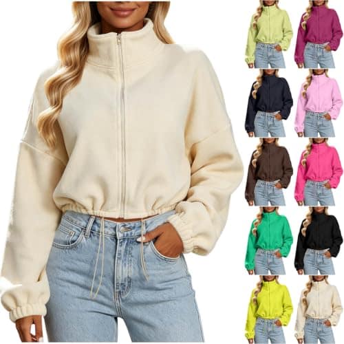 Women's Cropped Fleece Winter Jacket with Drawstring Hem